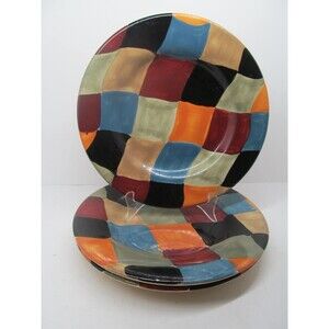 Tabletops Unlimited Diamonds Set Of 3 Hand Painted 11" Dinner Plates READ DESC